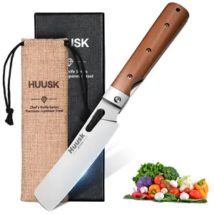 Huusk Folding Nakiri Knife with 440C Stainless Steel Blade, Wood Handle, Portable Kitchen Knife for BBQ, Outdoor ，BlackFriday  Christmas Gift