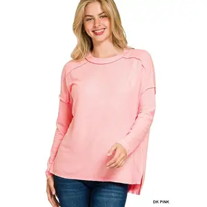 Zenana Full Size Melange Hacci Exposed Seam Hi-low Tee Plus Size