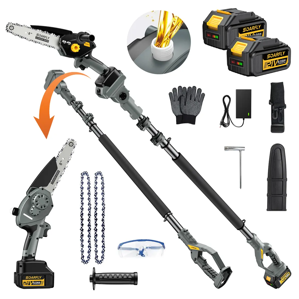 SOARFLY Long Pole & Mini Chainsaw with 2 Batteries,Handheld Wood/Tree Trimming Saw, Tools for Household and Garden,10 FT Extension Pole