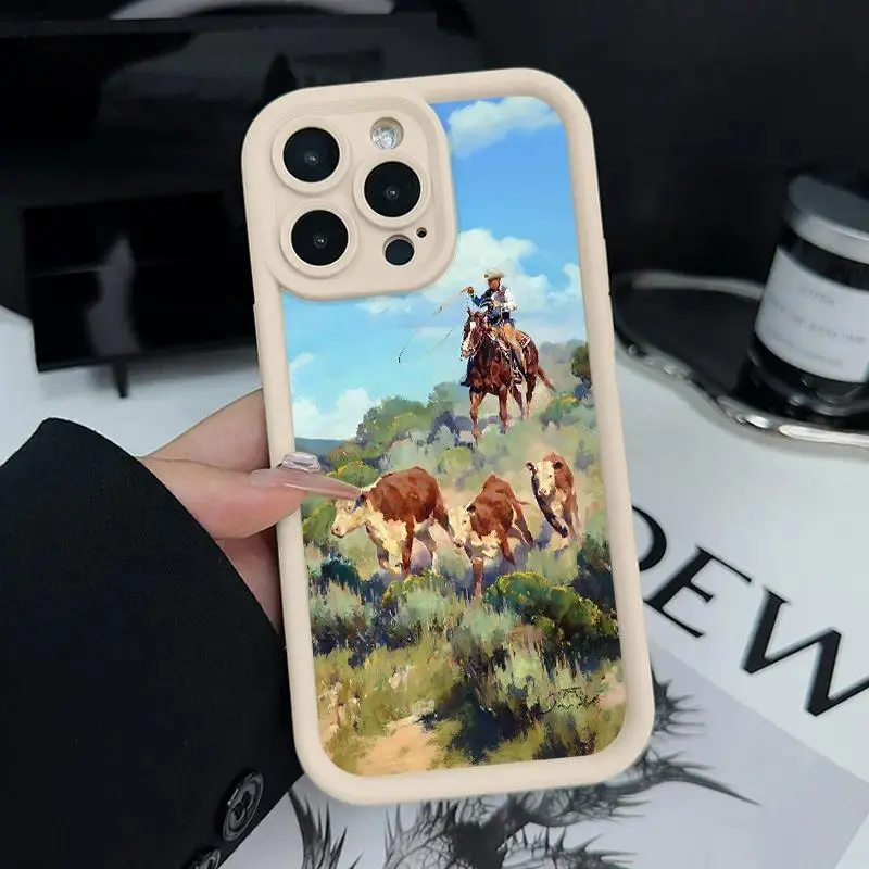 Men's Durable Cowboys Driving Cattle Design Silicone iPhone Cover - Shockproof, Non-Slip, Stable, Military-Grade Full Body Protection, Slim Fit for Multi-Model iPhone Series (16,15,14 Pro Max,13,12,11,XR,XS,Plus) | Smartphone Accessory