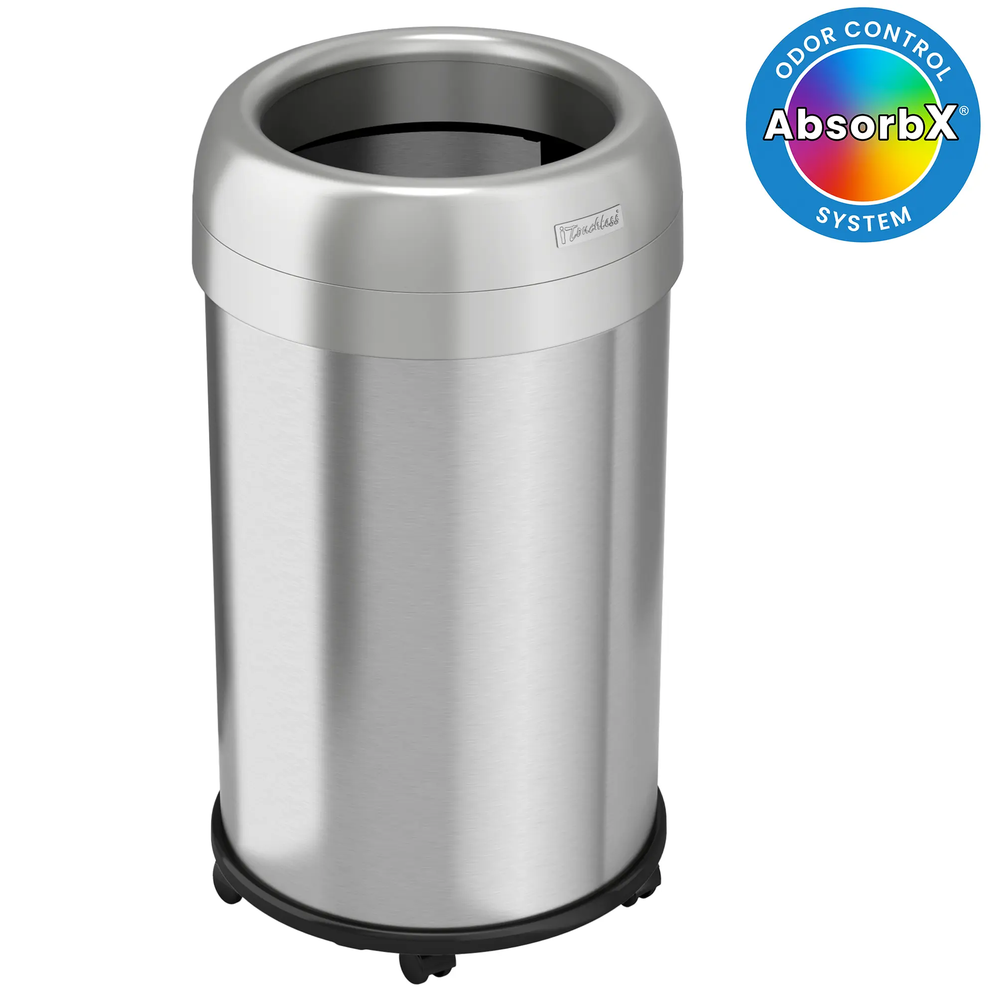 13 Gallon Round Open Top Trash Can with Wheels Stainless Steel Odor Filter