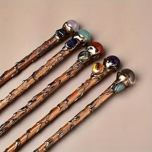 Artificial Crystal Ball Wand, Handmade Wooden Magic Wand, Witch Cane, Magical Cosplay Costume Props, Halloween Party Decoration Photography Props, Stage Performance Accessories, Ornaments