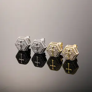 2025 New Hip hop trend pop cross Zircon hip hop earrings men's hexagon full diamond earrings gift recommendation