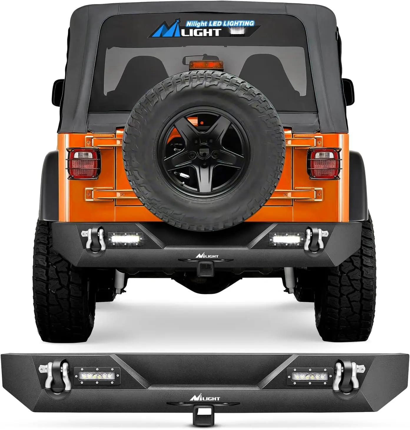 Nilight Rear Bumper for 1987-2006 Jeep Wrangler TJ & YJ, Off-Road Rock Crawler Design with 2" Hitch Ready Receiver, 2 Upgraded 40W LED Lights, Textured Black Impact Guard Auto Body Replacement Part, Off-Roading Car Decorations, 1 x Set of Screws