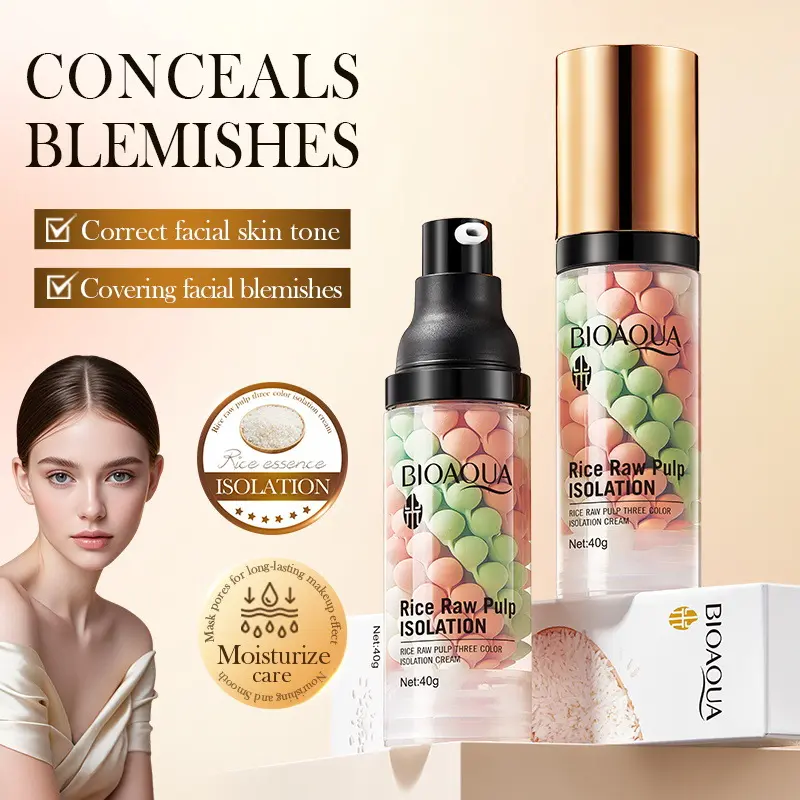 BIOAQUA Rice Raw Pulp 3-Color Isolation Cream Color-Correcting Hydrating Oil-Control Primer for Dull Skin with Multi-Color Capsules & Rice Extract