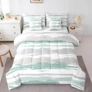 Feelyou 7-Pieces Abstract Teal Geometric Aesthetics Bedding Set - Modern Grey Striped Comforter Set, Oil Painting Bed-in-A-Bag for Boys, Men