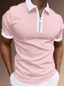 Men's Spring Summer Outfits Colorblock Polo Neck Short Sleeve T-Shirt for Daliy Wear, Half Zip Design, Classic Golf T Shirts Training Shirt Gym Wear Sport Casual Wear, Essential Men's Wardrobe Item.