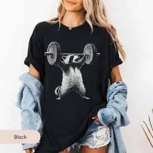 Women's Funny Deadlift Raccoon Meme Oversized Short-Sleeve T-Shirt - Casual Fitted Gym Pump Cover, Trash Panda Tee, Raccoon Lover Gift Top