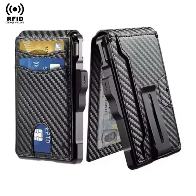 Minimalist Wallet EDC Tactical Slim PU Leather Credit Card Holder RFID Blocking Bifold Smart Wallets with Money Clip for Men Carbon Fiber Design