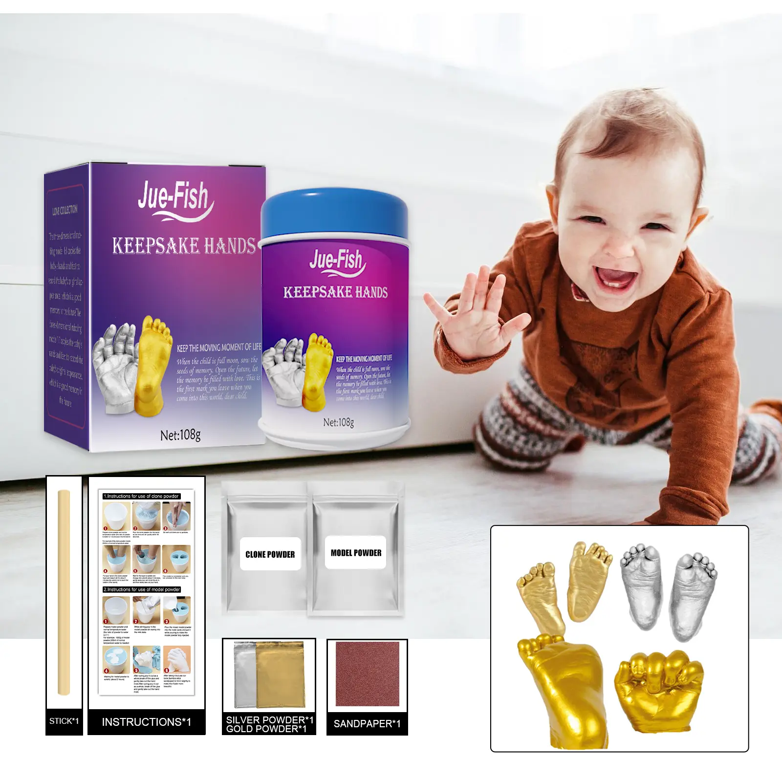 Jue-Fish Baby Hand and Foot Casting Kit – 3D Keepsake Handprint & Footprint Mold Powder for Newborn, Infant, or Toddler – Baby Memory Kit for Full Moon, 100 Days, Baby Shower Gift, DIY Cloning Mold