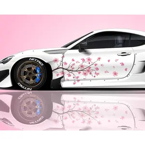 2-Piece Reusable Vinyl Sakura Japanese-Themed Car Stickers, 62.9x22.6in Universal-Size Large Exterior Vehicle Side Livery, Easy-Apply Cars Exterior Graphic