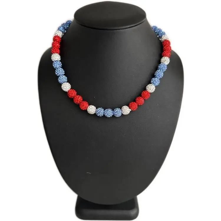 Iced Bling Disco Ball Rhinestone Crystal Bead Baseball Necklace Red Blue