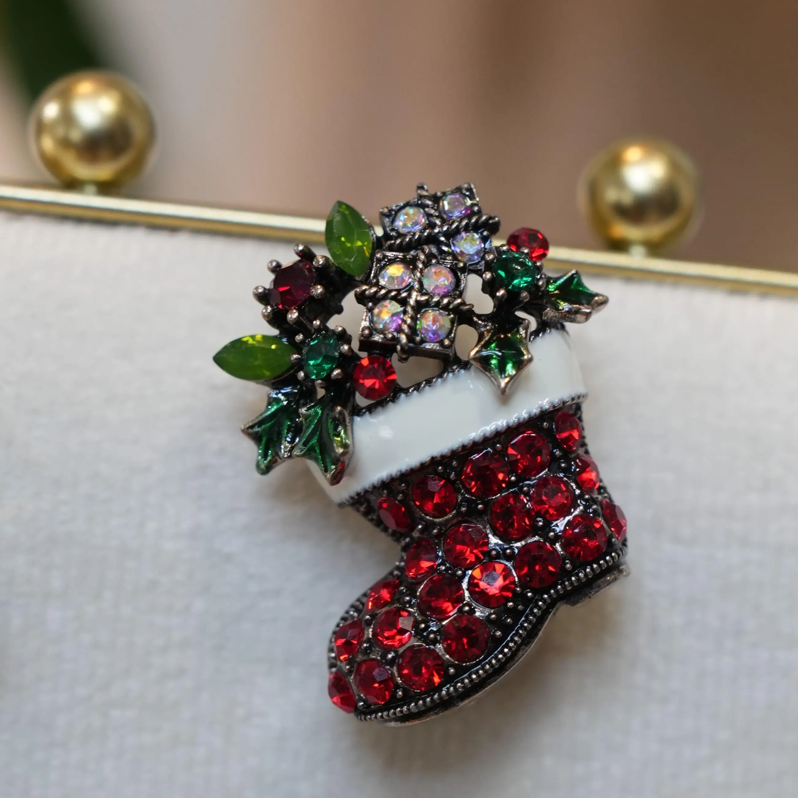 Christmas Stocking Brooch with Red Rhinestones and Green Leaves for Festive Outfits