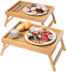 2 Pack Bamboo Bed Tray Table with Folding Legs,Breakfast Trays,Serving Tray for Food and Snack,Laptop Trays for Working(Natural)