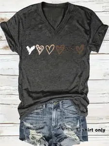 Heart Pattern Print Fashion Vintage Style Women's Summer Casual Sports Top V Neck Short Sleeve T-Shirt, Comfortable Breathable, S-Xxl