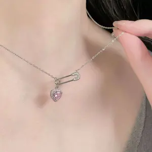 Safety Pin Necklace with Pink Heart Charm – Silver Punk Y2K Style + FREE BOX