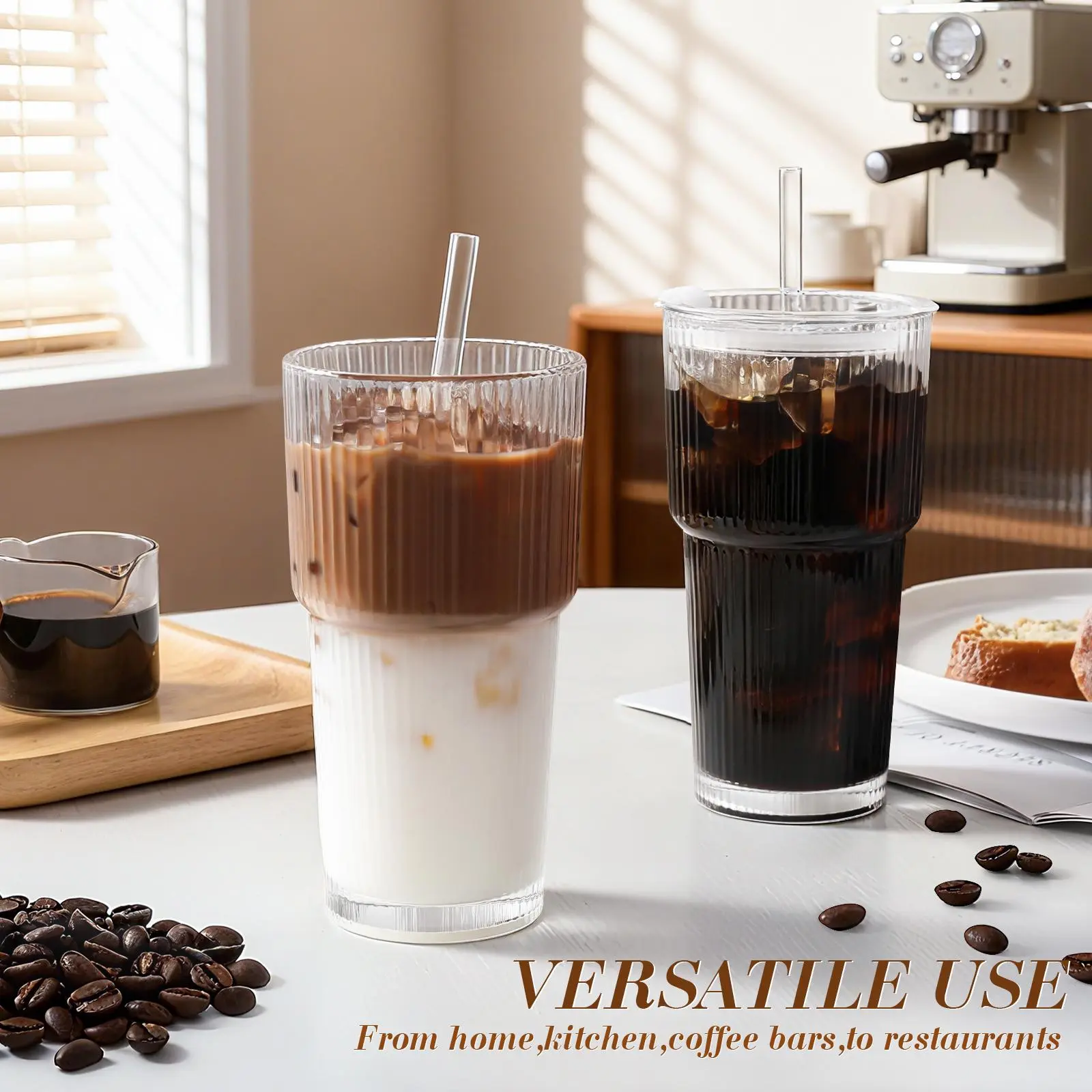 20oz Stylish Vertical Stripes Glass Cup Set (4-Pack) - Premium Thick, Leak-Proof Large Tumbler with Lid & Straw for Iced Coffee, Family Use & Parties