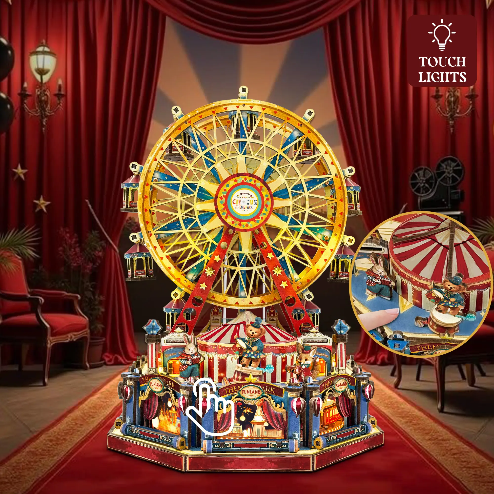 Fantasy Ferris Wheel 3D Mini Solid Wooden Booknook Kit - Handmade 3D DIY Woodworking Craft Kit for Crafting Enthusiasts, Rotatable Design, Touch Switch, Assembly Manual, Creative Decoration Gift