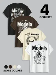 4-Piece High-Quality Vintage Short Sleeve Graphic Tee Set, Modelo Cerveza Print, Dual-Sided Design, Western Cowboy Illustration, Casual Wear