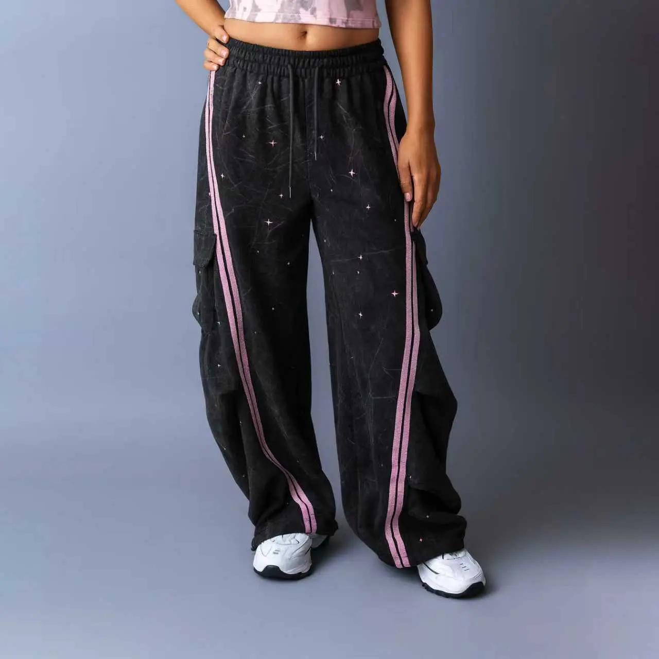 Loose Fit Street Cargo Pants Women Plus Size Teal Green Wide Leg Drawstring Joggers with Side Pockets & Sporty Stripes Soft Cotton Blend Elastic Waistband