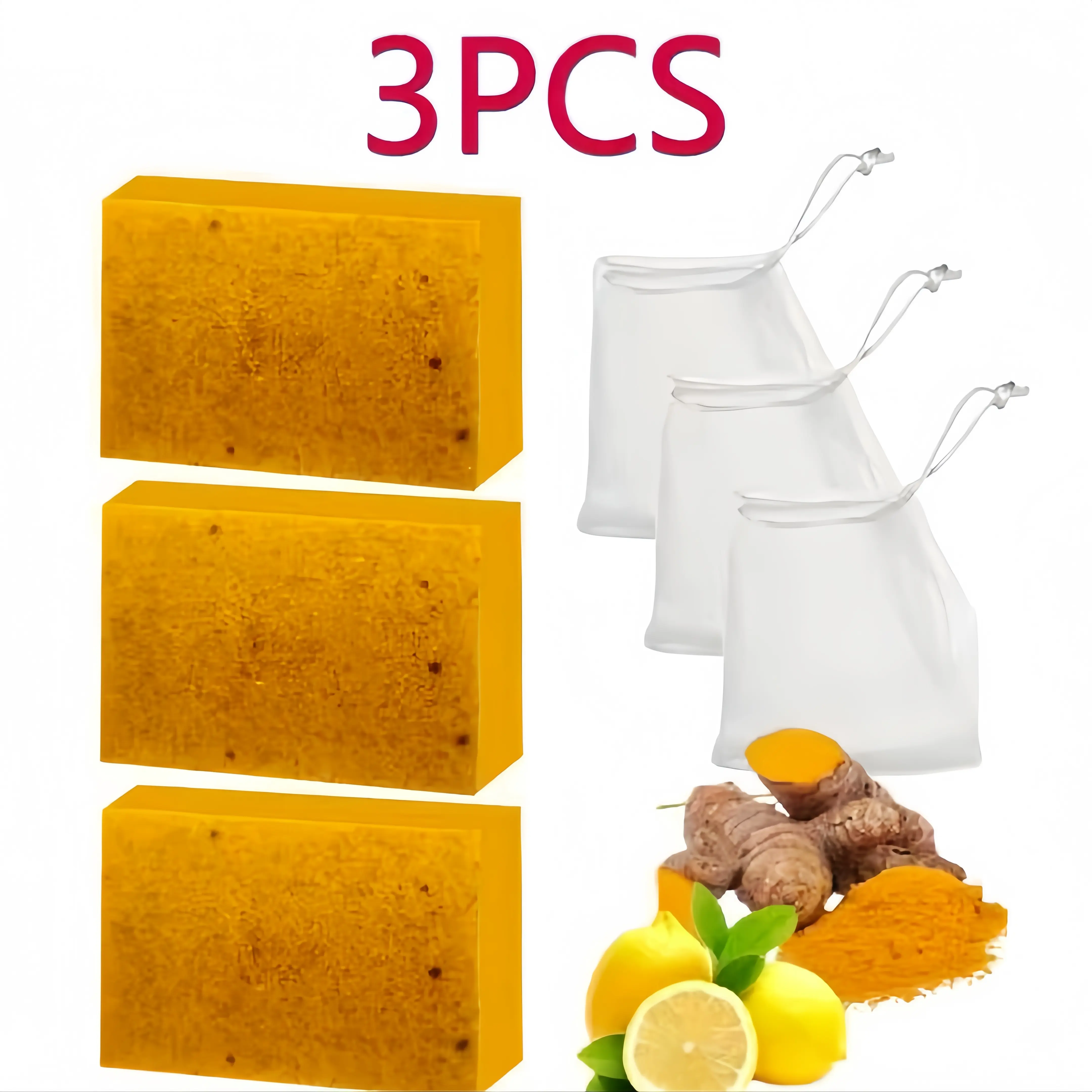 [BUY 1 GET 2 FREE] Lemon Turmeric & Kojic Acid Brightening Cleanser Bar, Summer Acne Face & Body Wash for Men & Women, Daily Body Care Set with Soap Saver Bags, Christmas Gift, Turmeric Brightening Soap, Cleansing