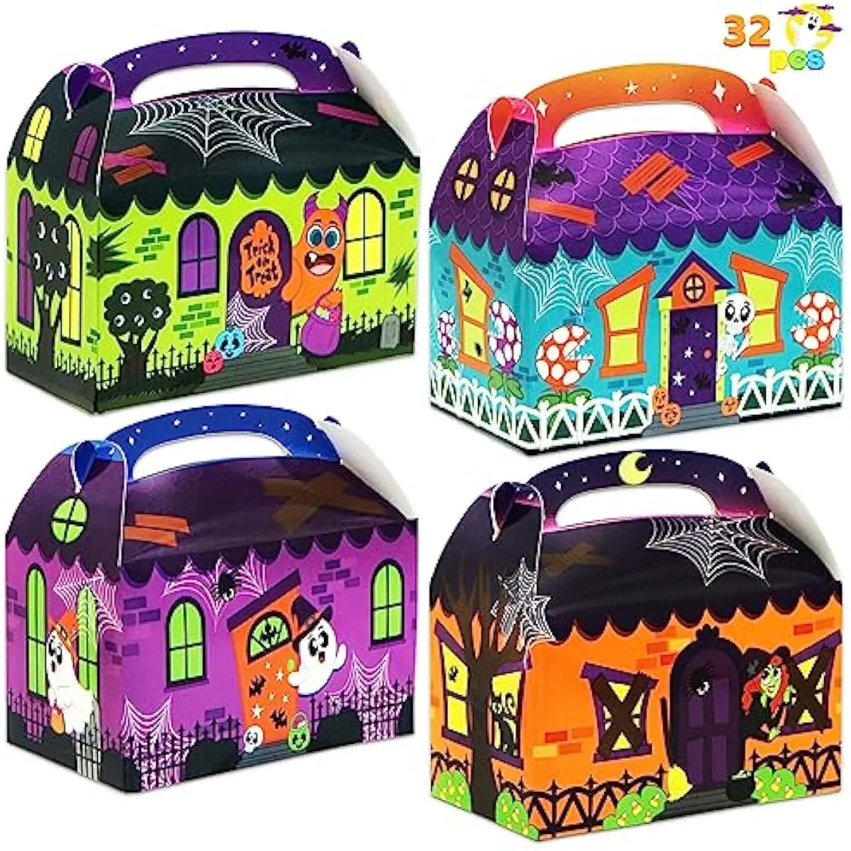 JOYIN 32 Pcs Halloween Candy Treat Boxes, House Cardboard Cupcake Cookie Goodie Boxes for Halloween Party Favor Supplies, Trick or Treat Classroom Exchange Goody Bags