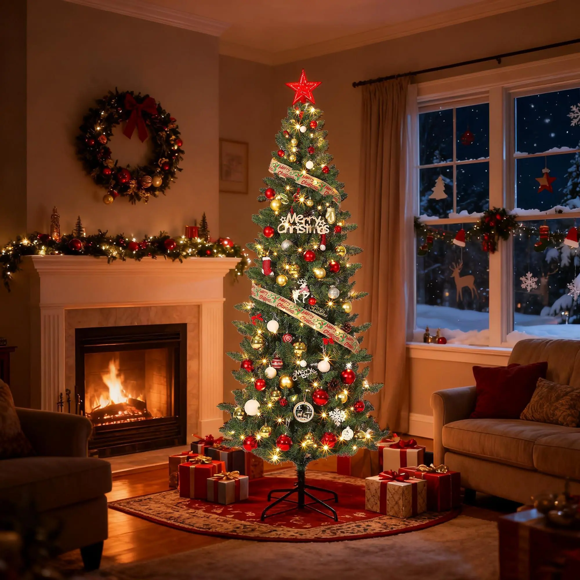 Gaomon 6FT Prelit Slim Metal Christmas Tree - 120 Adjustable Warm LED Lights, Festive Decoration with Ornaments for Home Office Holiday Decor