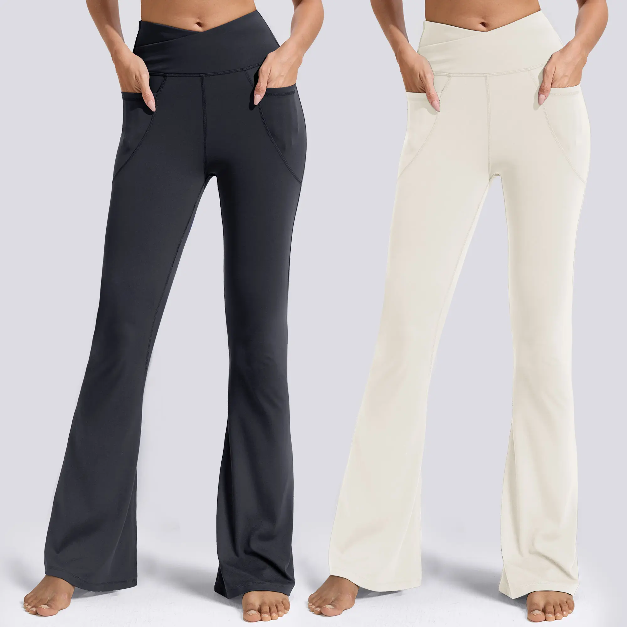 SHOWITTY Women's 2-Pack Crossover High-Waisted Flare Leggings with Pockets, Plus Size Black Flare Sweatpants for Workout, Flare Sweatpants Women