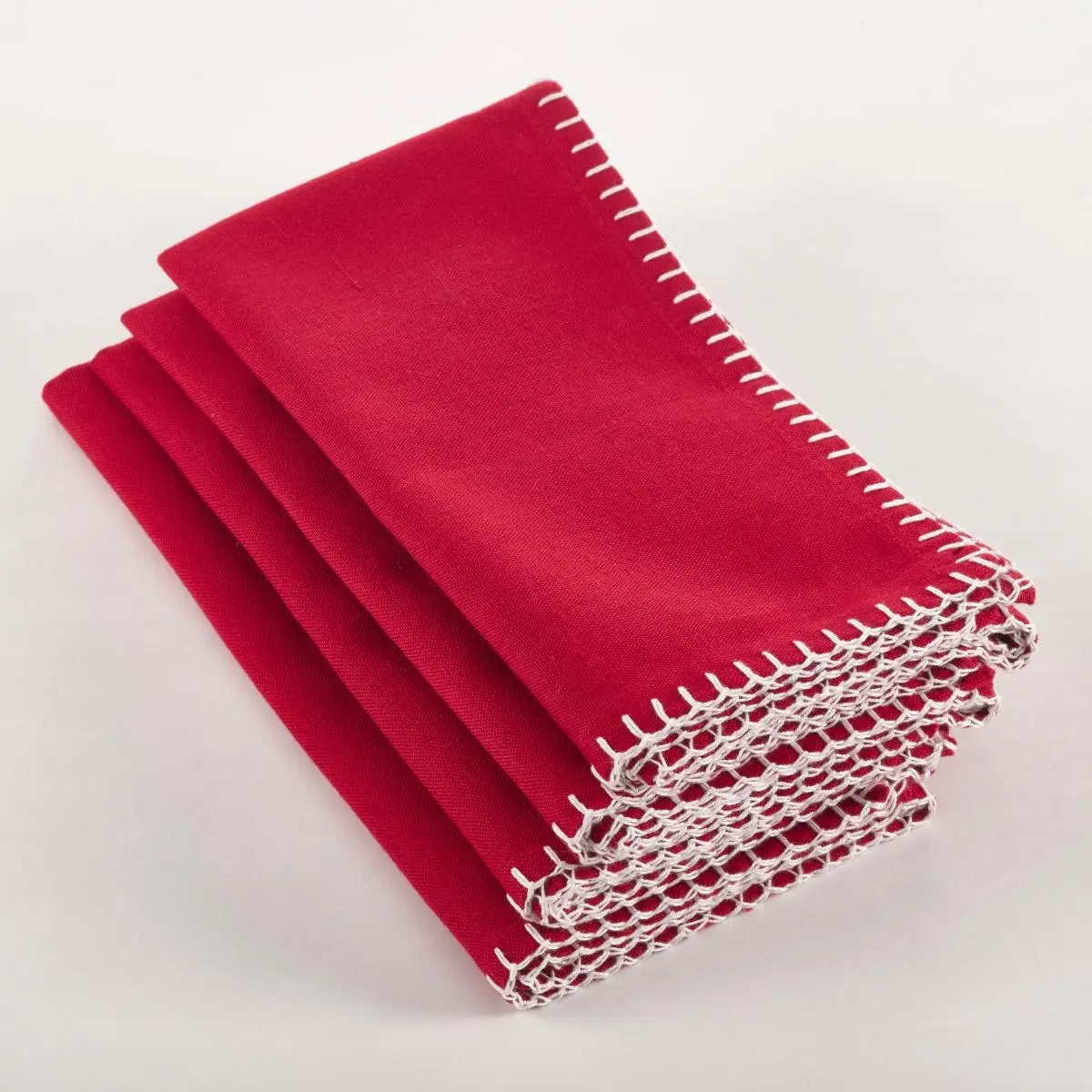 SARO 793.R20S Fabric Napkins - 4-Piece Set, 20 in. Square Shape, Red Whip-Stitching Design, Fabric Napkin, Four Pieces