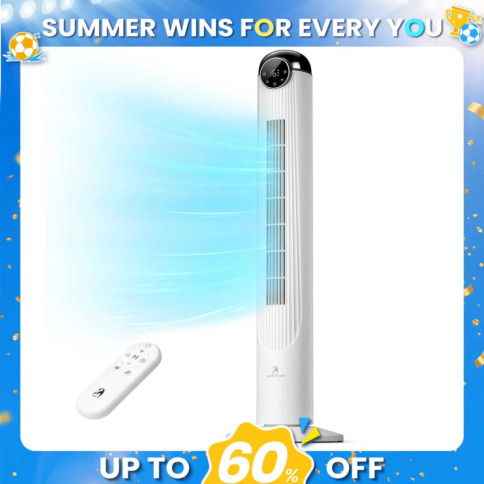 SummerWins [Limited Stock] Antarctic Star T42 Tower Fan for Bedroom, 2026 Upgraded DC Motor, 26ft/s High Velocity, 22dB Ultra Quiet Standing Fan, 6 Speeds 4 Modes, 90° Oscillating Bladeless Fan with 9H Timer, Floor Fans with Remote, White