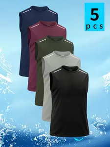 Men's Breathable Lightweight Sleeveless Vest Set, Fitness Workout Vest, Quick-Dry Round Neck Sport Top, Casual Gym Training Workout Shirts, 5 Pieces
