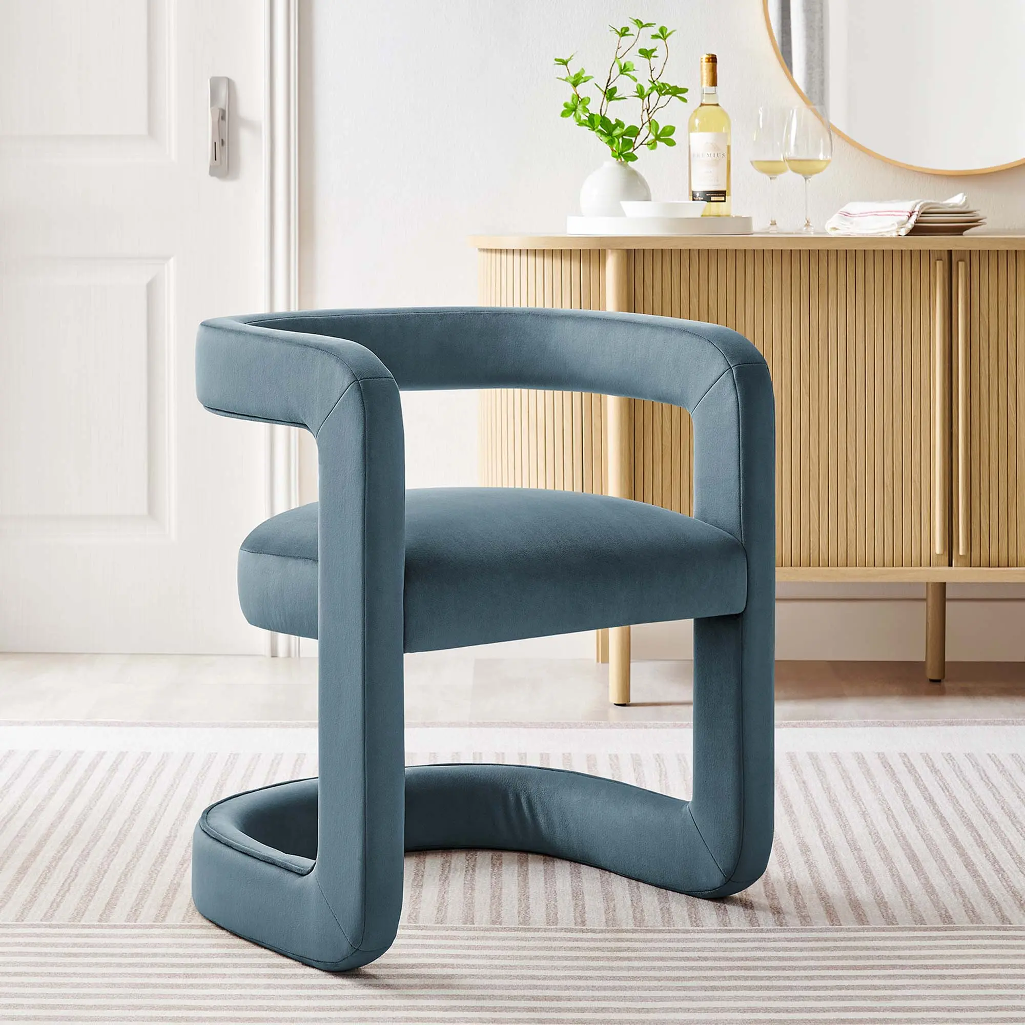 Winslow Modern Barrel Dining Chair - Cushioned Performance Velvet, Curved Frame, Cadet Blue, Indoor Kitchen Home Furniture Dining Chair, Dining Chairs, Barrel Chair