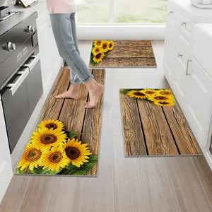 1/2/3PCS Horizontal Wooden Grain Sunflower Kitchen Rug,Farmhouse Rustic Floor Mat,Non Slip Washable Foldable Pineapple Check Comfort Cushioned Mat for Kitchen Decor,16"X24"/20"X32"/20"X47"