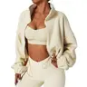 QINSEN Women's Full Zip Fleece Short Jacket Warm Winter Long Sleeve Stand Collar Sherpa Crop Coat Super Soft Polar Fleece Baggy Relaxed Fit for Cold Weather Activities