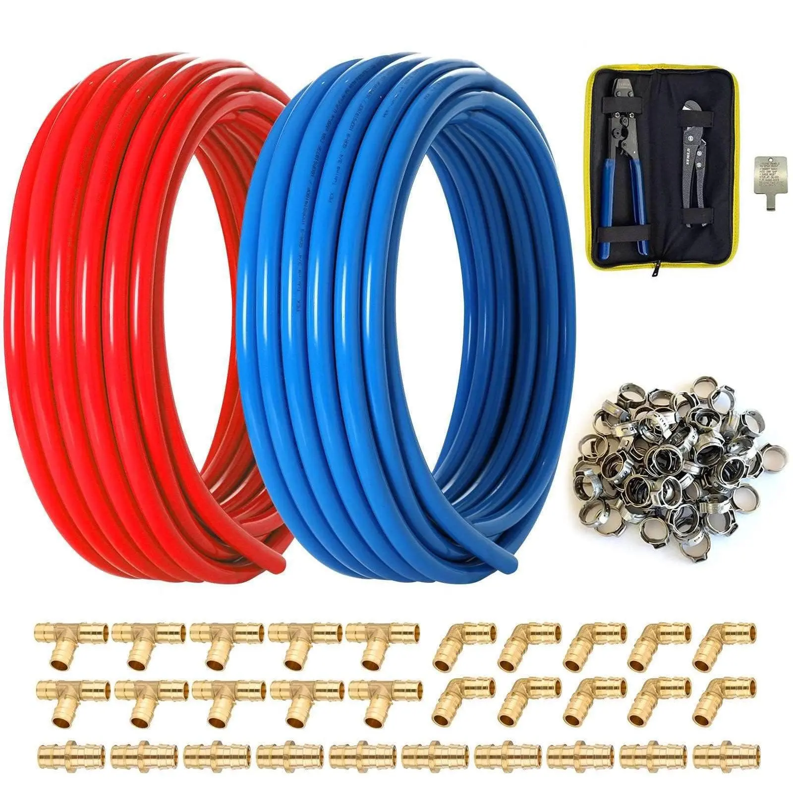 3/4" PEX-B Kit 200ft (2×100ft Blue/Red) + 30 Brass Barb Fittings + Crimp Tool + 100 Cinch Clamps + Cutter | NSF Lead-Free