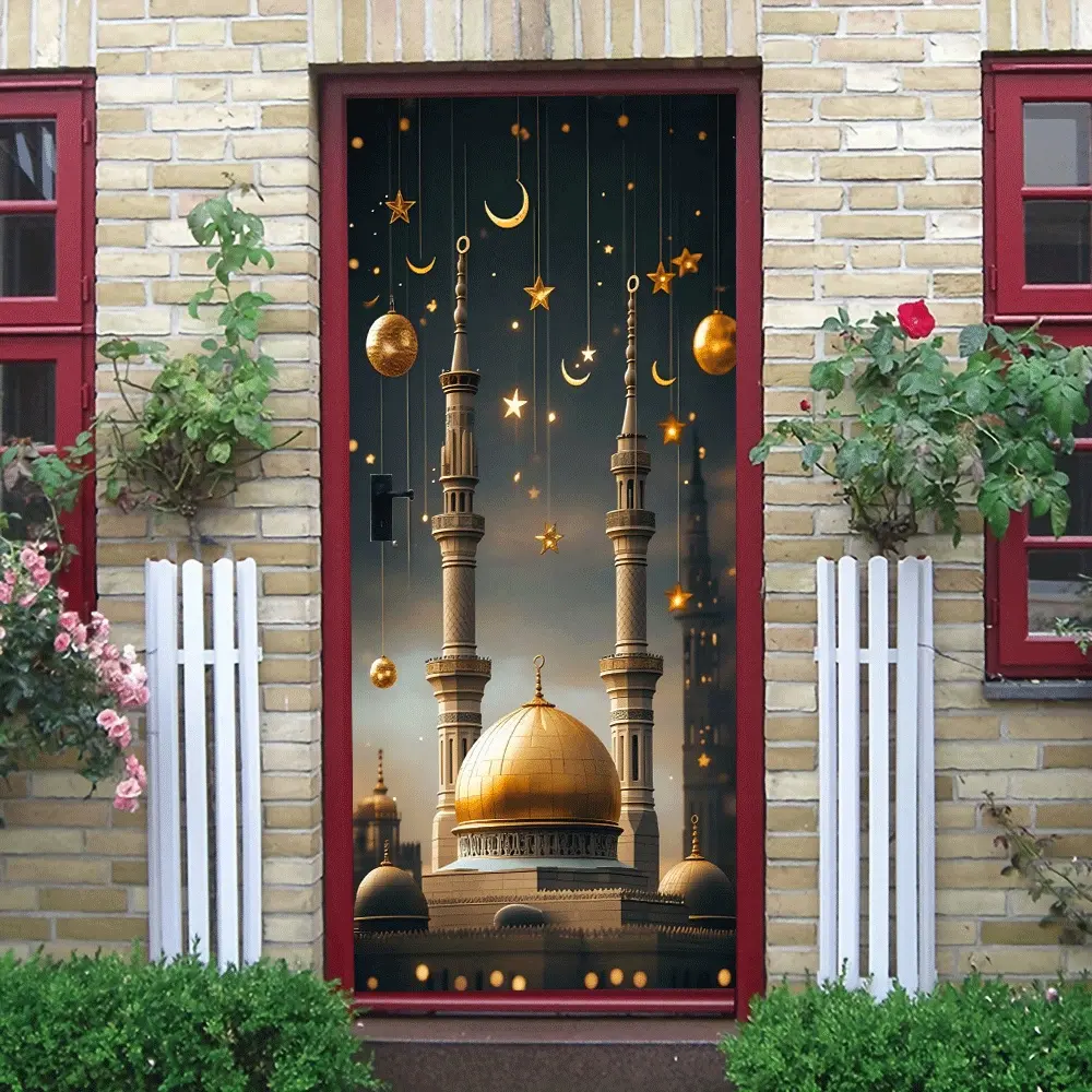 2pcs Ramadan Decorative Wall Stickers Eid Mubarak Festival Decals Muslim Culture Theme Home Decorations Mosque Pattern Living Room Bedroom Adhesive Decor Removable Self Stickers Islamic Festival Atmospher