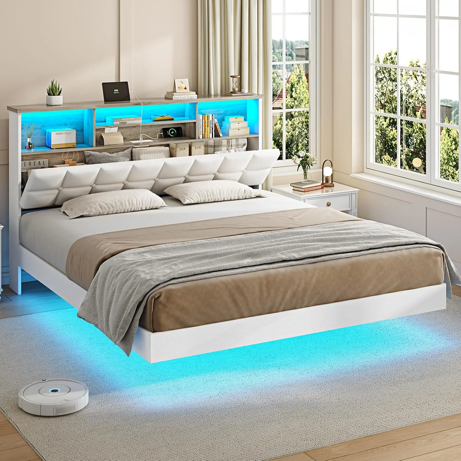 Modern Queen Fit Upholstered Headboard Float Platform Bed Frame, with Hidden Storage, USB-Type C Charging Ports, LED Lights, No Box Spring Needed, White (Indoor Furniture Bed Frames)