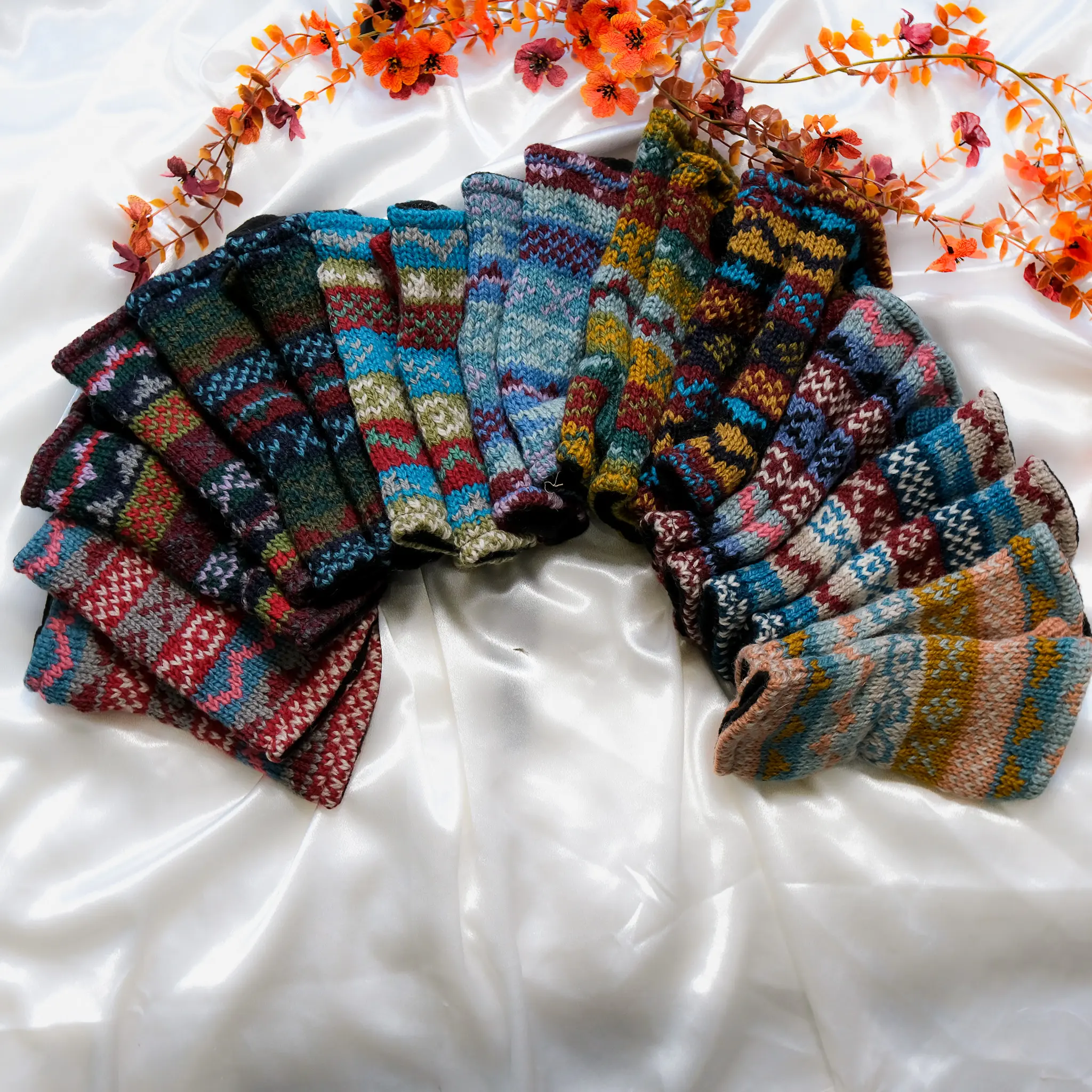 Stripey Multi Color Handwarmers with Fleece Lining, Winter Fingerless Gloves, Handknit Mittens, Warm Wool Cozy Wrist Handwarmer, Boho Gloves