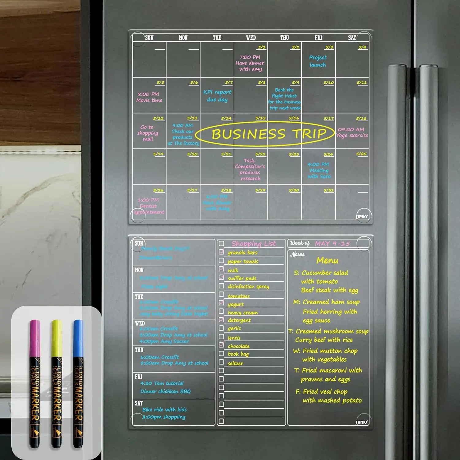 Non-Magnetic Dry Erase Calendar for Fridge, Monthly Calendar, Weekly Planning Board Bundle for All Smooth Surfaces.Clear Reusable Calendar Stick to Fridge,Cabinet,Door&Glass
