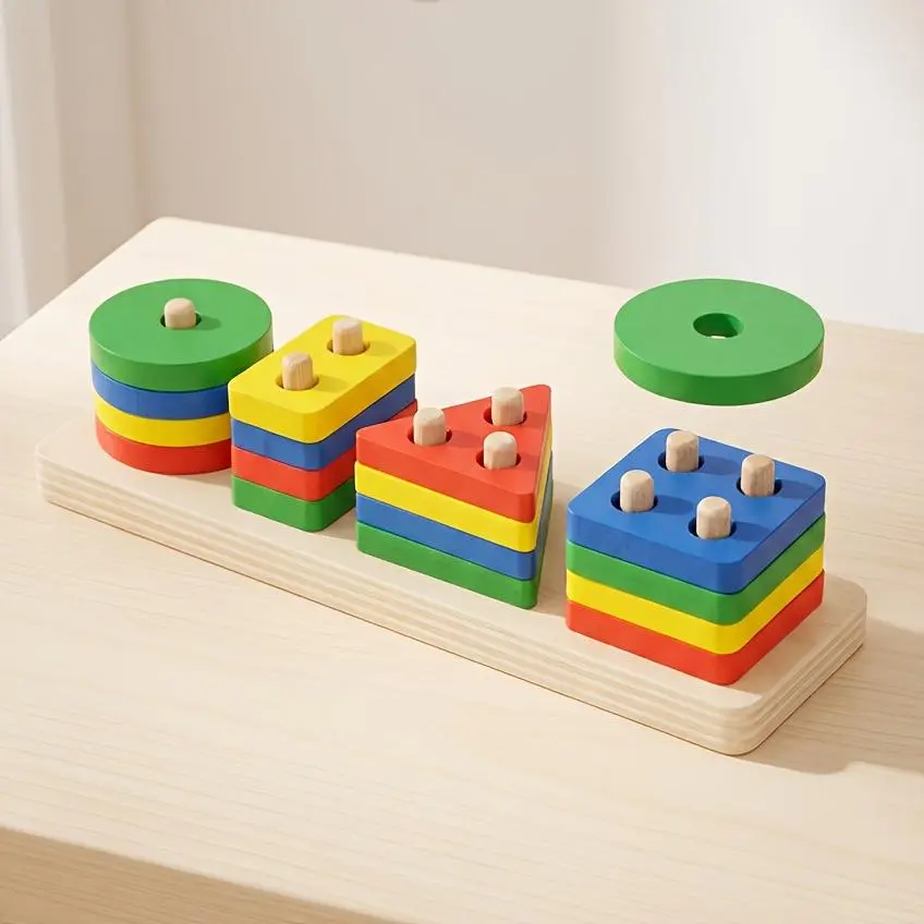 Colorful Geometric Stacking Blocks Toy, Plywood, Ideal for Early Learning and Fine Motor Skill Development, Vibrant Mixed Colors, Perfect Christmas and Halloween Gift for Kids