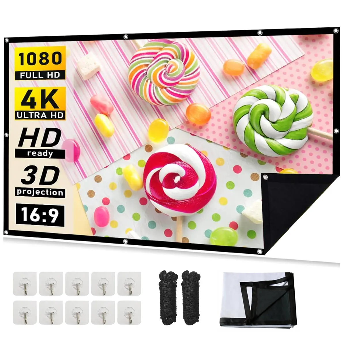 foldable anti-crease portable projector movieDouble Thickened Opaque Fabric， 100 Inch 16:9 Full HD, Opaque for Home Theater Outdoor Indoor Office with 10 Adhesive Hooks, Outdoor Rope, No Crease Projector Screen