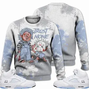Retro White Metallic 5s Outfits Ugly Sweater, Trust No One Scary Streetwear Unisex Sneaker Matching Shirts