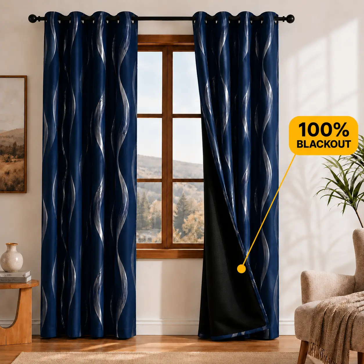 Deconovo 2-Panel Modern Blackout Curtains Set, Silver Foil Wave Print, White Grommet Top, Privacy & Sun Protection Drapes for Living Room Decor, Home Windows Household Textiles, Block-Out