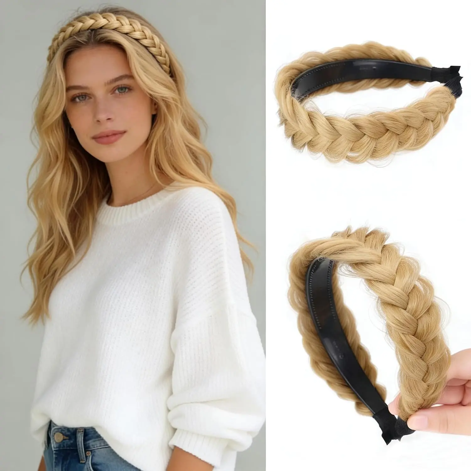 Hair Band Beauty accessory Stretch Braid Headbands Hairpiece for Women (Golden Blonde, Wide Messy)
