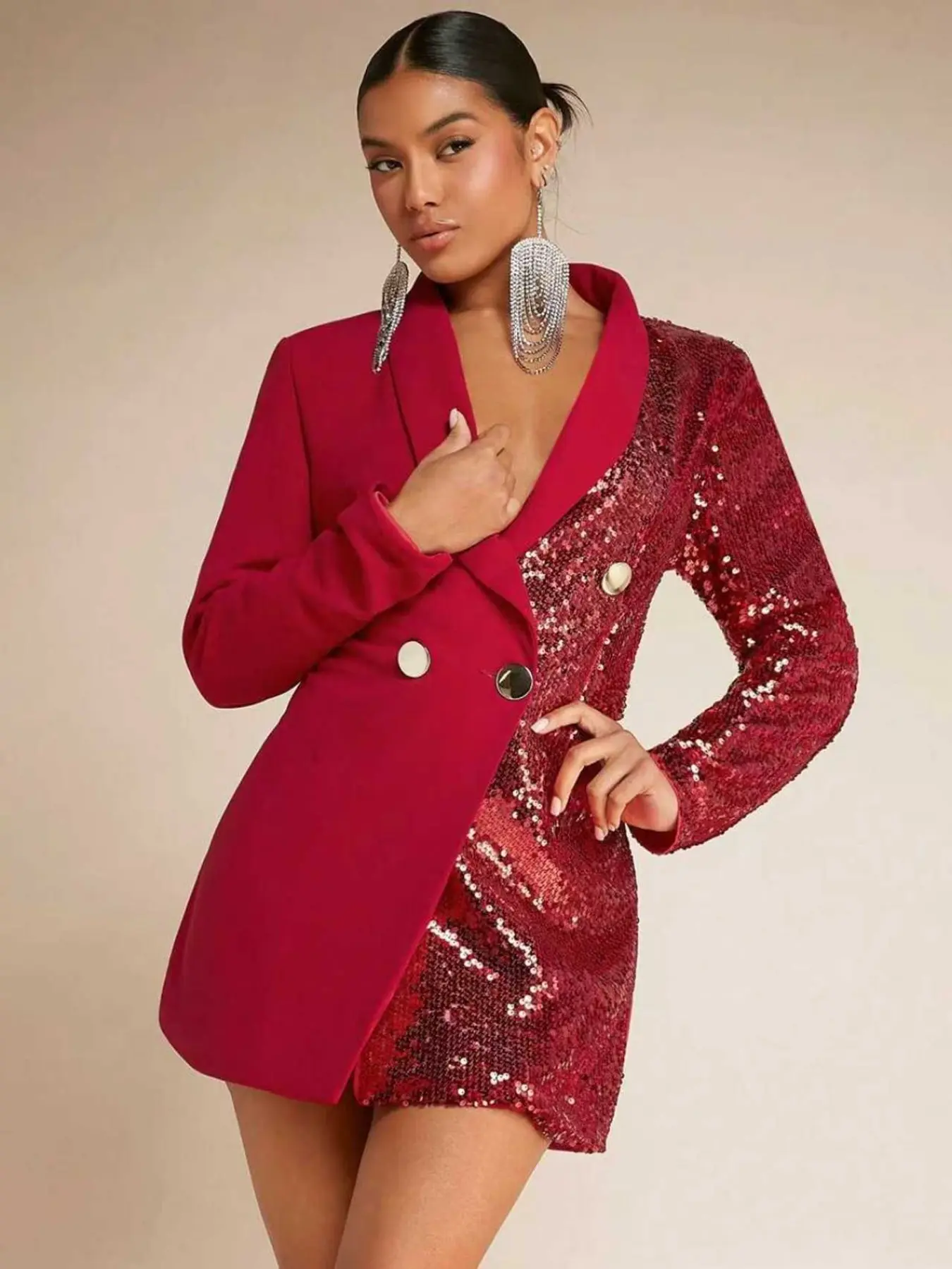 Women's Sparkle Party Jacket, Elegant Long Sleeve Suit Jacket, Trendy Blazer, Winter Christmas Holiday Outerwear, Contrast Sequin Design