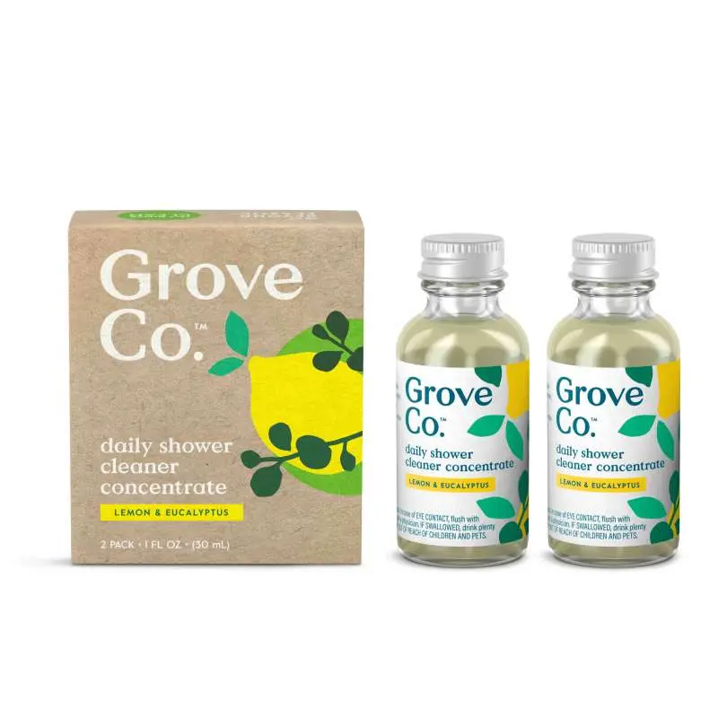 Grove Co. Concentrated Daily Shower & Bathtub Cleaner, 2-Pack 1oz Bottles - Eco-Conscious Lavender-Scented Plant-Based Formula, Safe on Glass, Tile & Tubs, Household