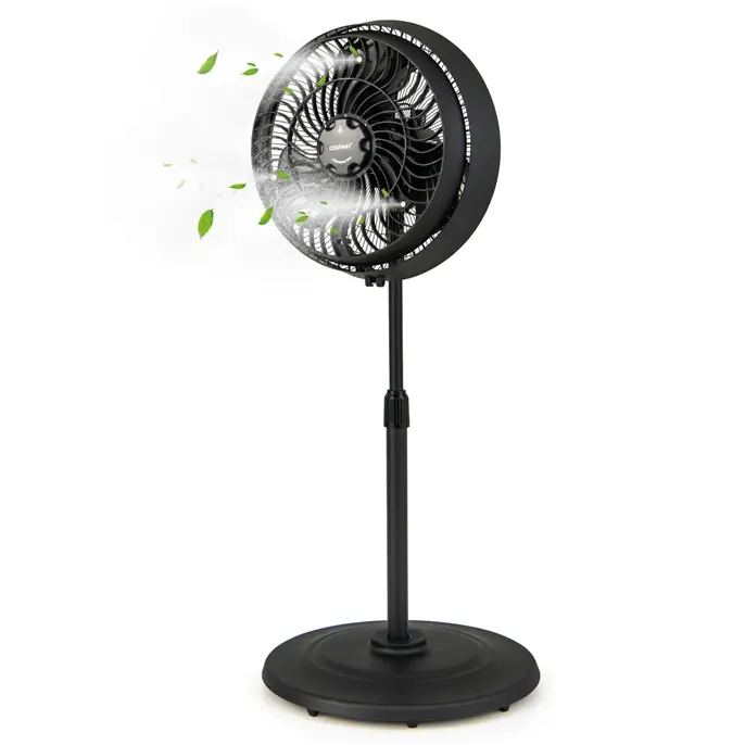 COSTWAY Misting Pedestal Fan, Outdoor 16 Inch Oscillating Ventilator with Hose Connector, 3 Micro-Mist Levels, 3 Speeds, Adjustable Height and CFGI Plug, Metal Standing Fan for Patio Backyard, Black