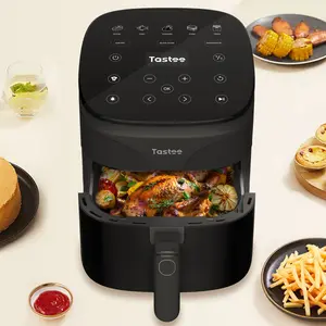 Tastee Air Fryer Oven, 5.5QT, Mini with Meat Thermometer, 8-in-1 Chicken Air fryer, Pizza Oven, Steak Grill, Slow Cookers, Bake, Roast, Reheat, Dehydrate, Dishwasher Safe Basket, 50+ Recipes, Clear Windows, Top450°F, Black