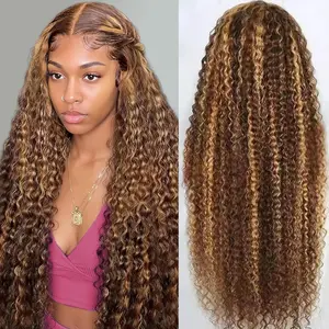 Honey Blonde 13x6 Deep Wave Lace Front Wigs Human Hair 30 inch 4/27 Highlight Ombre Deep Wave HD Transparent Lace Front Wigs Pre Plucked Curly Lace Frontal Wig for Women