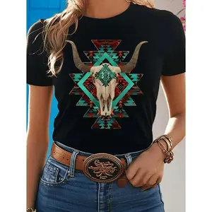 Casual Womens Western Cowboy Skull Graphic T Shirt Round Neck Short Sleeve Top Made from Polyester Knit Fabric Suitable for All Seasons